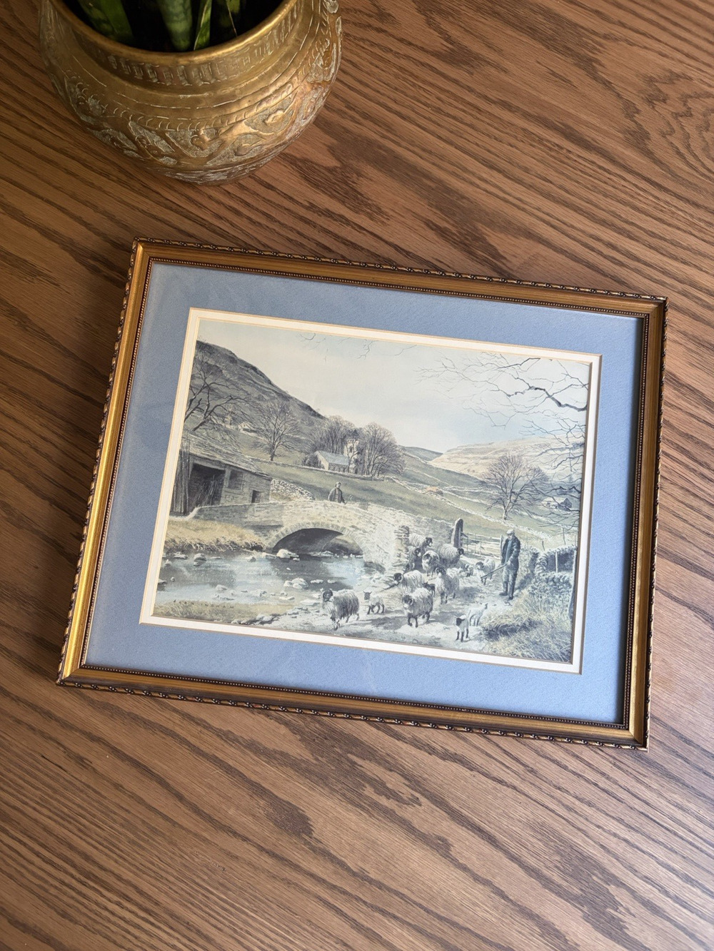 Vintage Framed Print English Countryside Bridge Sheep Alan Ingham Gold Frame